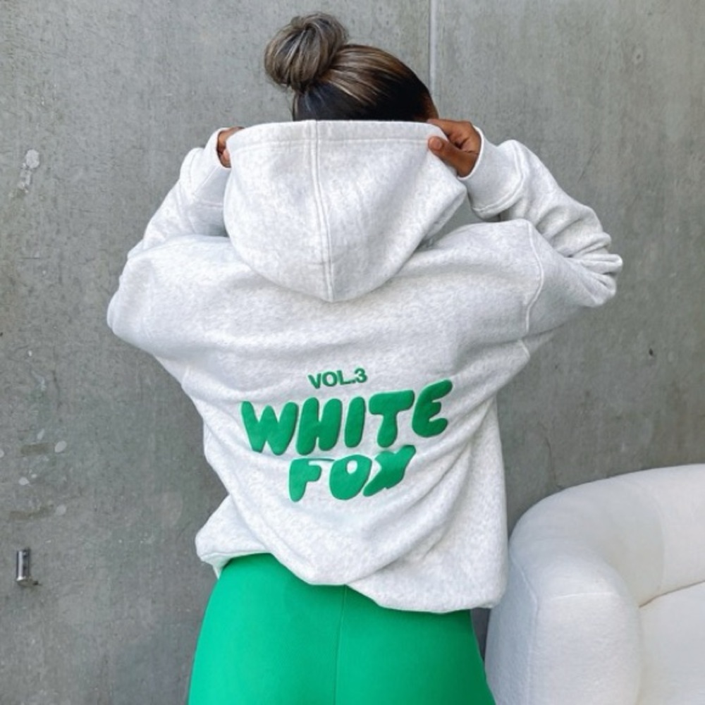 White Fox Gray Hoodie with Green Print